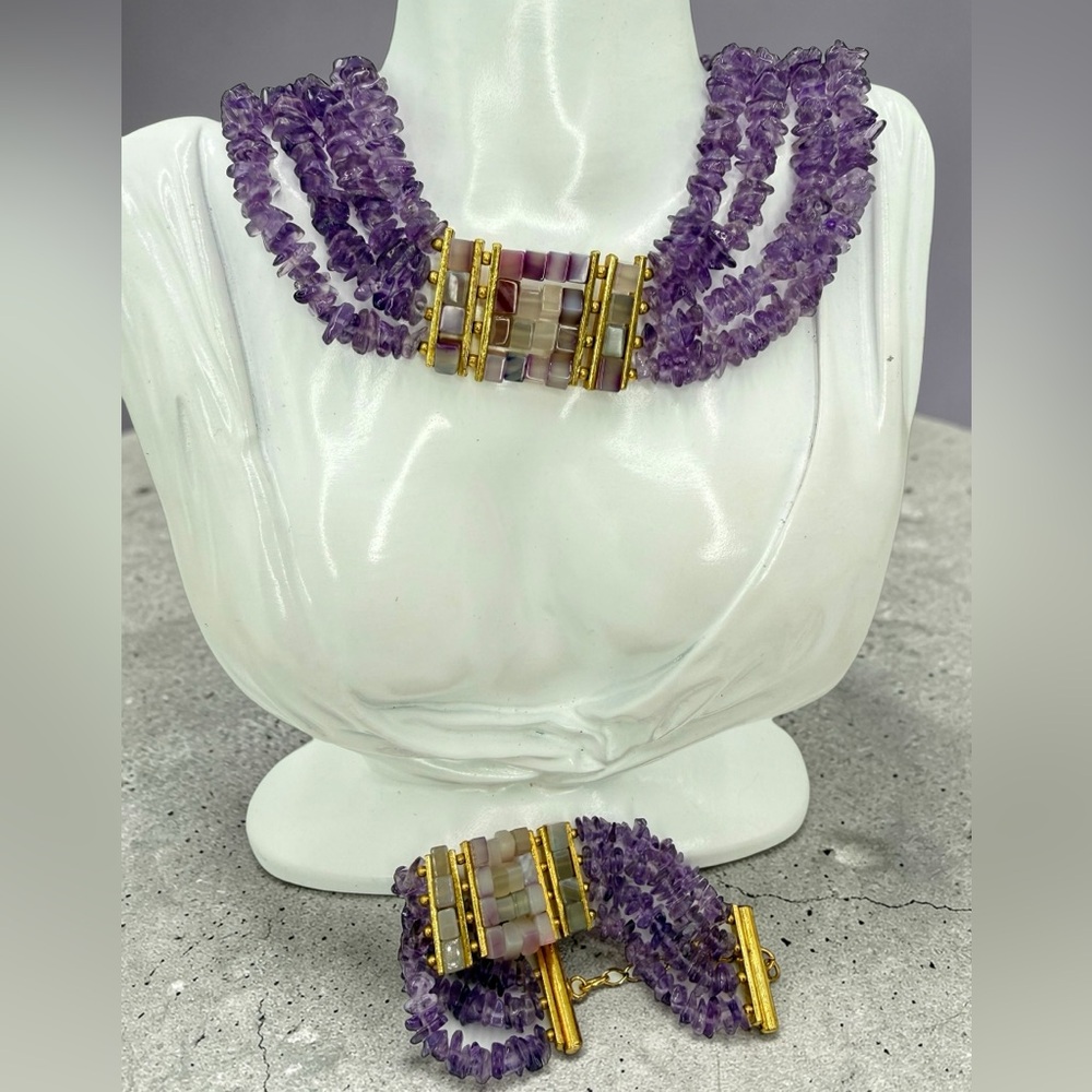Amethyst Multi Strand Choker Necklace & Bracelet Set Mosaic Agate 161g Stunning - Picture 14 of 17